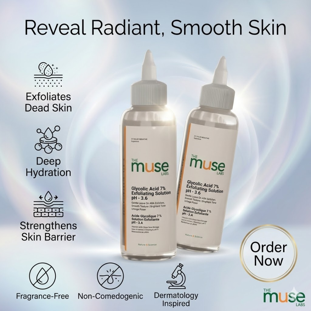 Muse Labs 7% Glycolic Acid Toner | Exfoliating Solution with 5D Hyaluronic Acid & Peptides | Smooth, Bright & Hydrated Skin