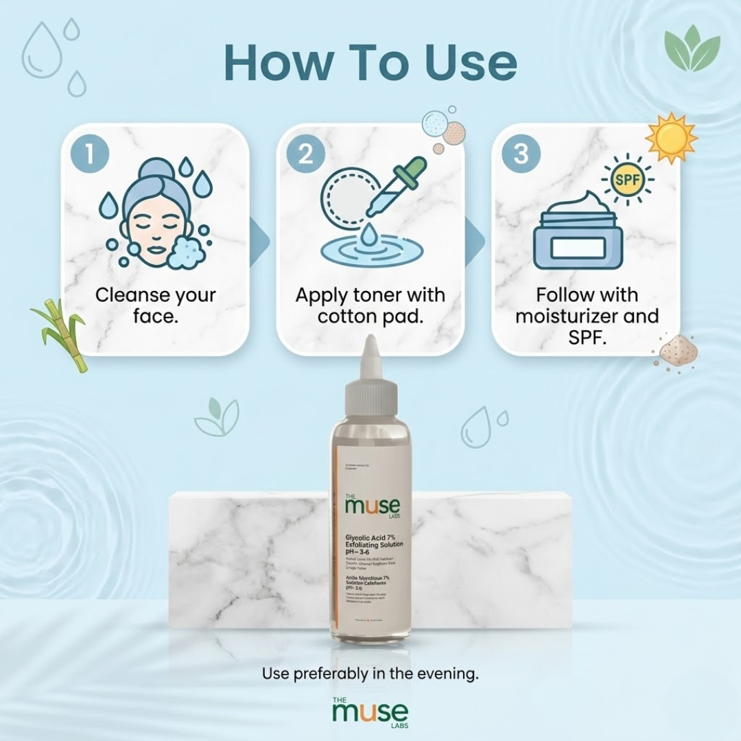 Muse Labs 7% Glycolic Acid Toner | Exfoliating Solution with 5D Hyaluronic Acid & Peptides | Smooth, Bright & Hydrated Skin